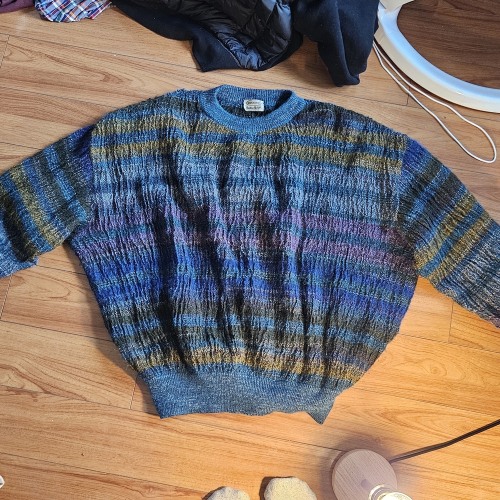 Missoni Vintage Blue Purple And Green Striped Knit Sweater Mohair